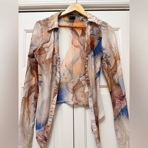 Blanc clothing | Abstract Print Sheer Button-Up Blouse